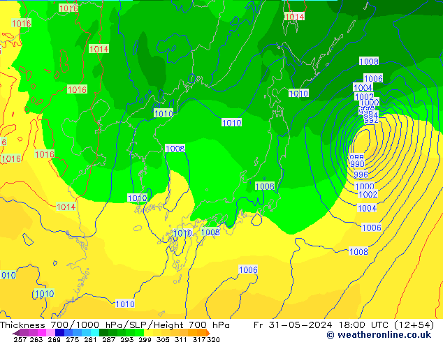 Thck 700-1000 hPa ECMWF ven 31.05.2024 18 UTC