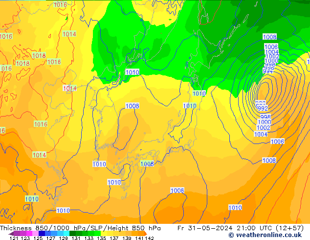 Dikte 850-1000 hPa ECMWF vr 31.05.2024 21 UTC