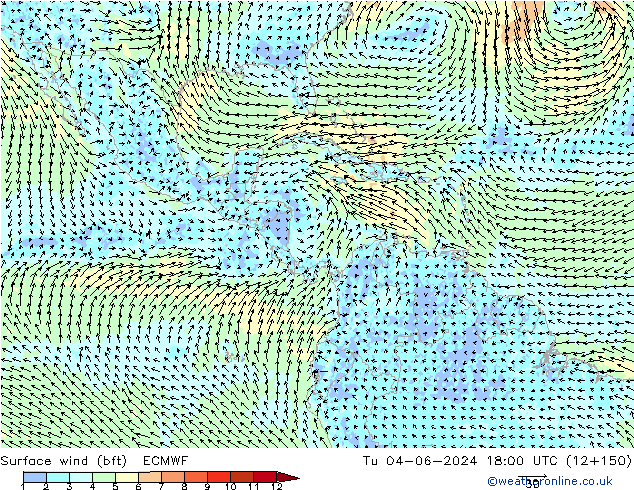 Surface wind (bft) ECMWF Tu 04.06.2024 18 UTC