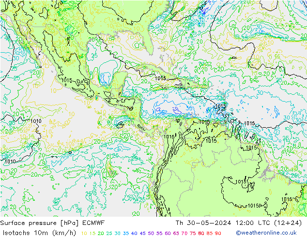 Isotachs (kph) ECMWF  30.05.2024 12 UTC