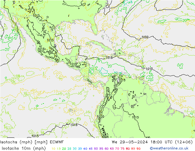 Isotachs (mph) ECMWF mer 29.05.2024 18 UTC