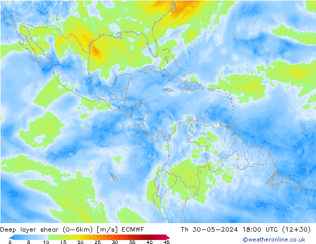 Deep layer shear (0-6km) ECMWF Qui 30.05.2024 18 UTC