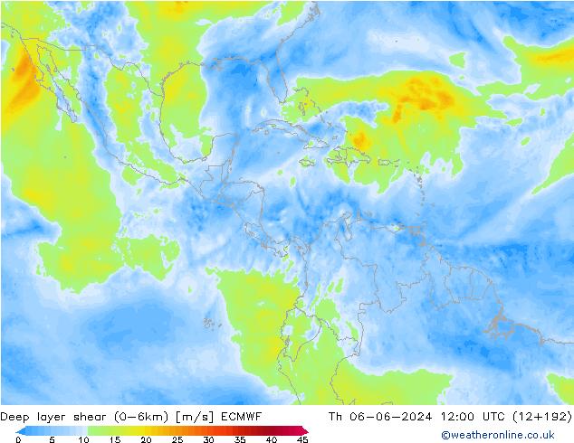 Deep layer shear (0-6km) ECMWF Th 06.06.2024 12 UTC