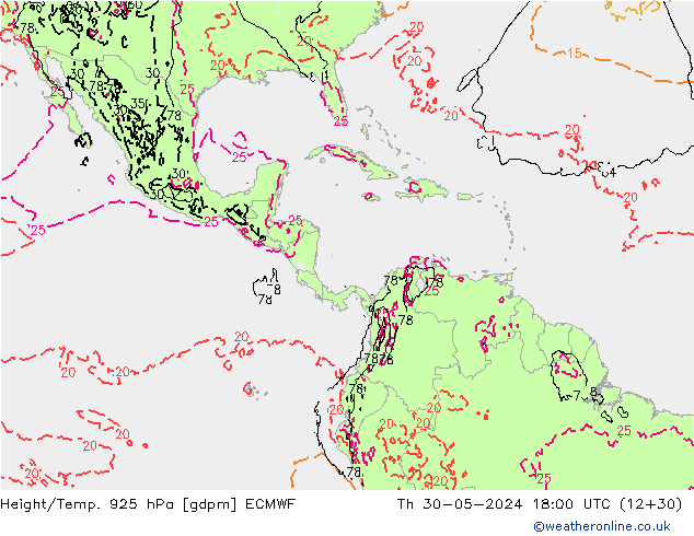 Height/Temp. 925 hPa ECMWF Qui 30.05.2024 18 UTC