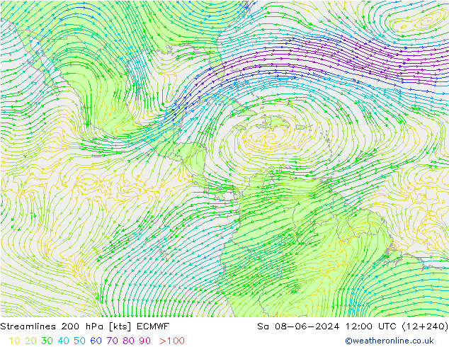 ветер 200 гПа ECMWF сб 08.06.2024 12 UTC