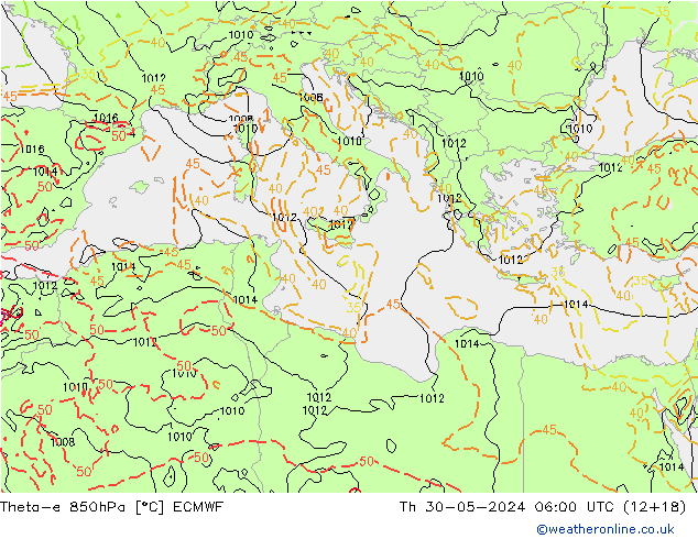 Theta-e 850hPa ECMWF Čt 30.05.2024 06 UTC