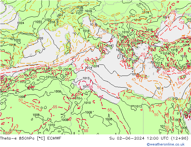 Theta-e 850hPa ECMWF Ne 02.06.2024 12 UTC