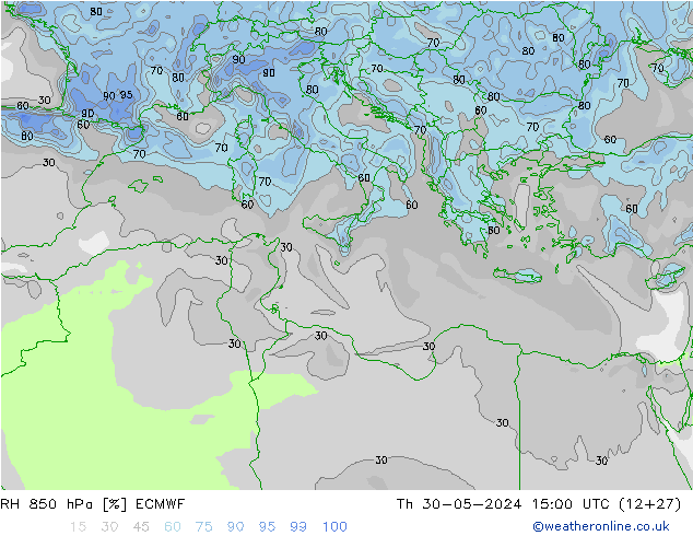 RH 850 hPa ECMWF gio 30.05.2024 15 UTC