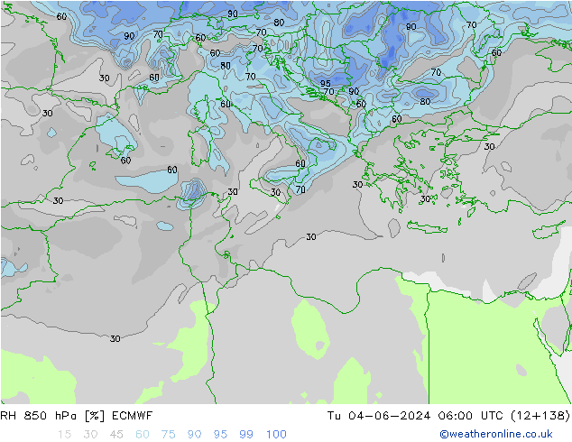 Humidité rel. 850 hPa ECMWF mar 04.06.2024 06 UTC