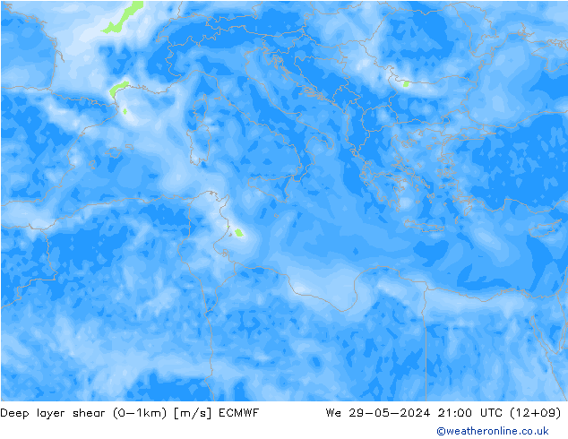 Deep layer shear (0-1km) ECMWF ср 29.05.2024 21 UTC