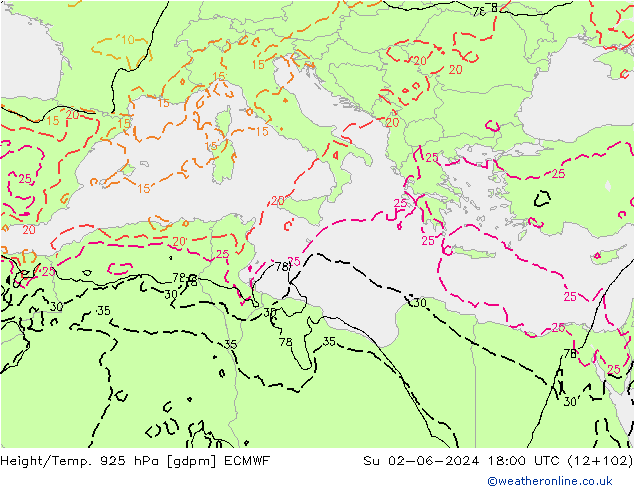 Height/Temp. 925 hPa ECMWF nie. 02.06.2024 18 UTC