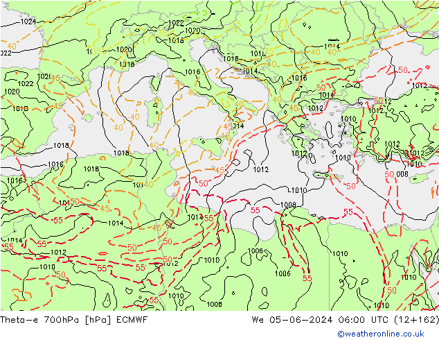 Theta-e 700hPa ECMWF Mi 05.06.2024 06 UTC