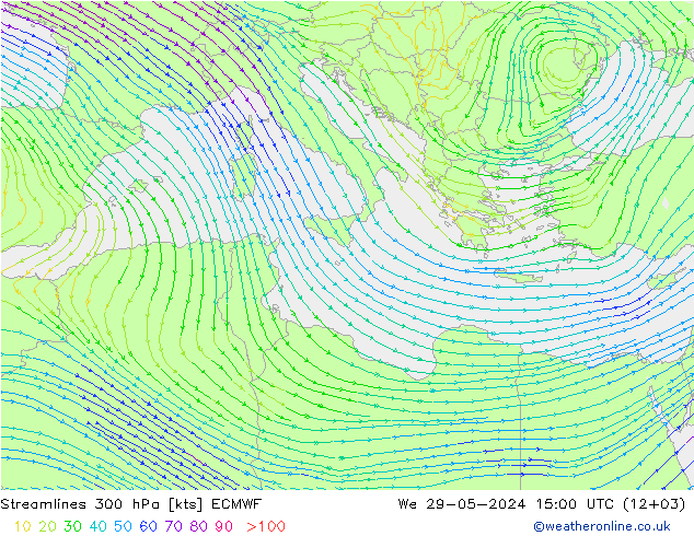 Stromlinien 300 hPa ECMWF Mi 29.05.2024 15 UTC