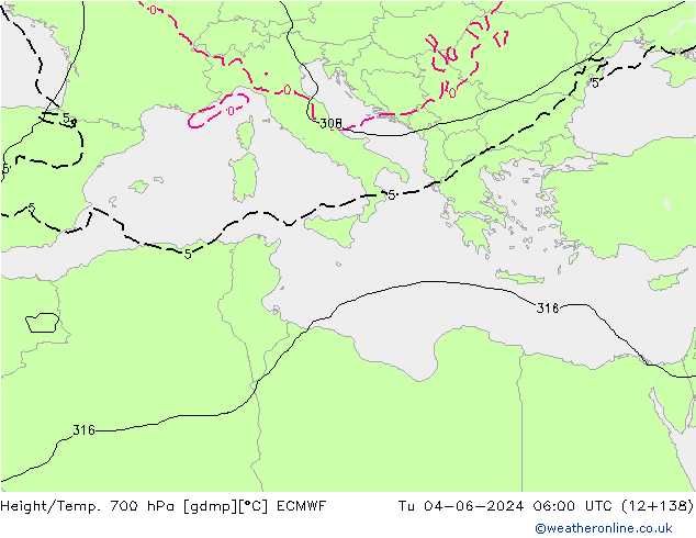 Height/Temp. 700 hPa ECMWF Út 04.06.2024 06 UTC