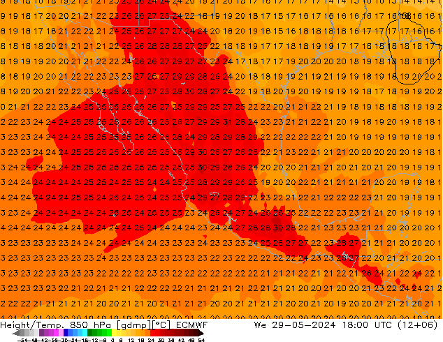 Height/Temp. 850 hPa ECMWF Qua 29.05.2024 18 UTC