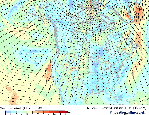 Surface wind (bft) ECMWF Čt 30.05.2024 00 UTC