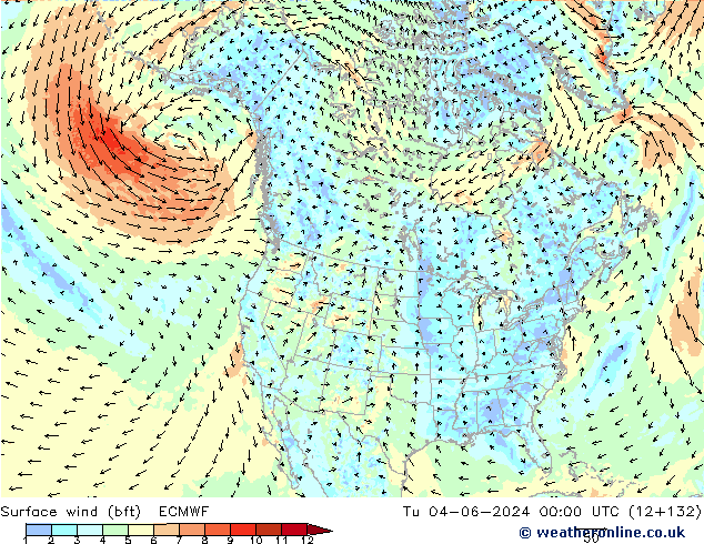 ве�Bе�@ 10 m (bft) ECMWF вт 04.06.2024 00 UTC