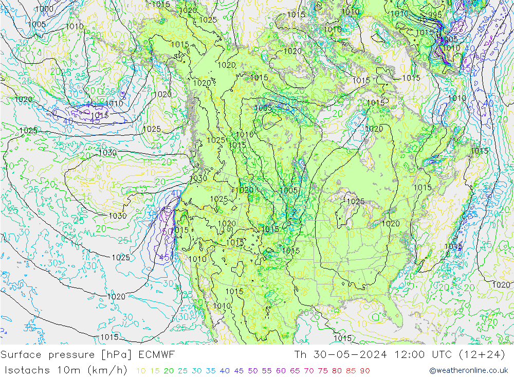 Isotaca (kph) ECMWF jue 30.05.2024 12 UTC