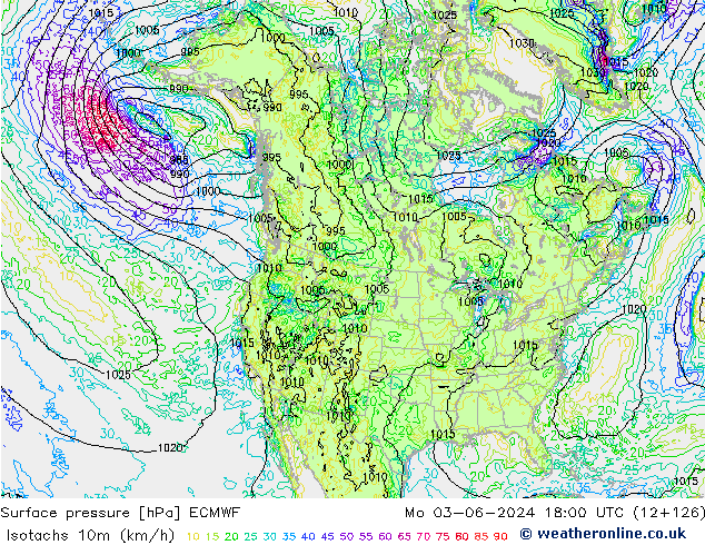 Isotachs (kph) ECMWF Po 03.06.2024 18 UTC