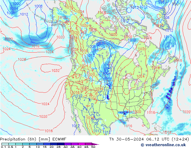 Z500/Rain (+SLP)/Z850 ECMWF Čt 30.05.2024 12 UTC