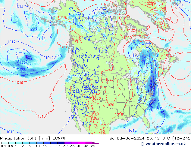 Totale neerslag (6h) ECMWF za 08.06.2024 12 UTC