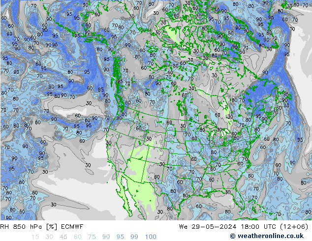 RH 850 hPa ECMWF śro. 29.05.2024 18 UTC