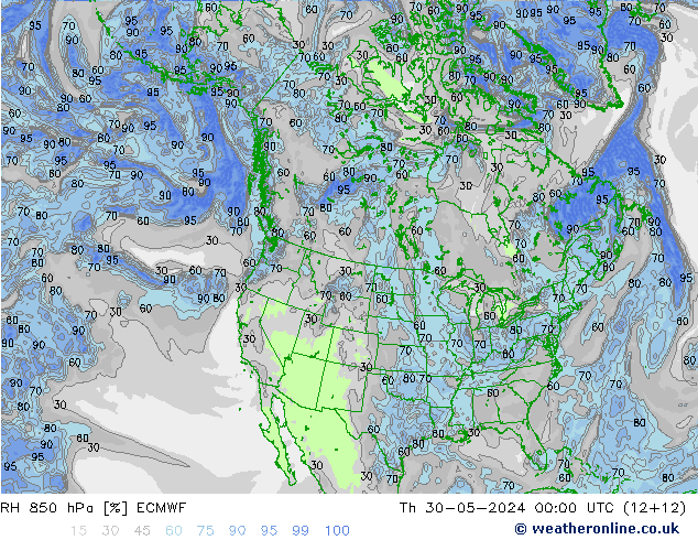 RH 850 hPa ECMWF gio 30.05.2024 00 UTC