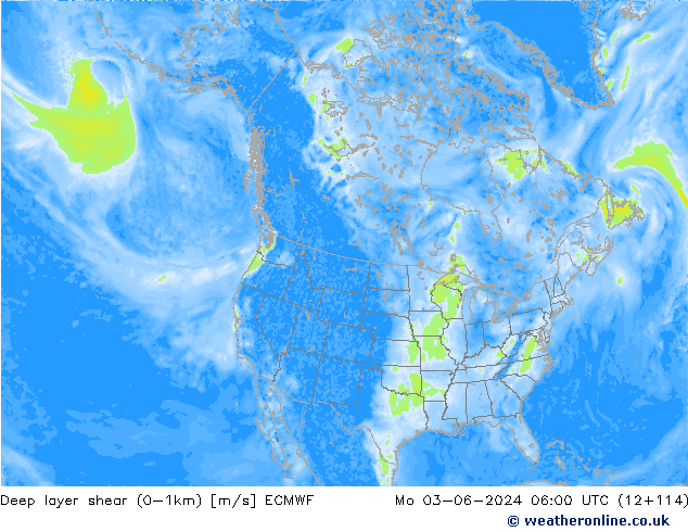 Deep layer shear (0-1km) ECMWF Mo 03.06.2024 06 UTC