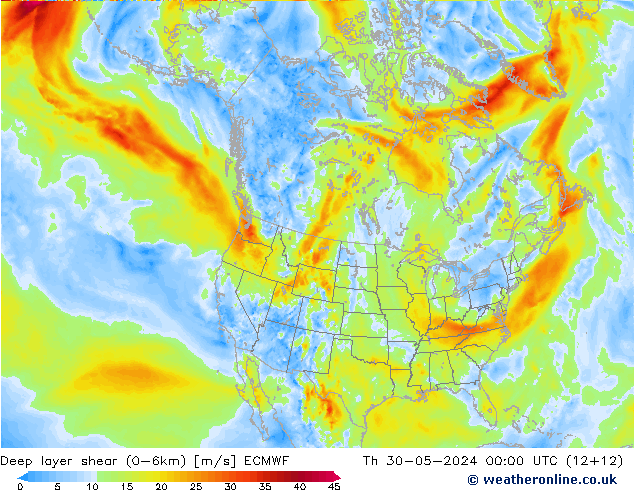 Deep layer shear (0-6km) ECMWF Do 30.05.2024 00 UTC