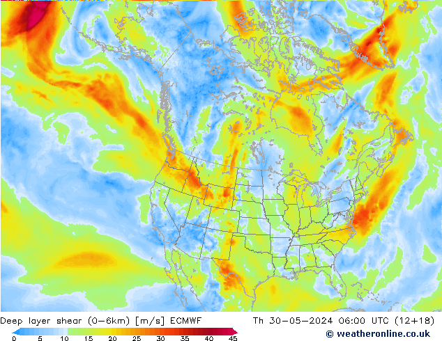 Deep layer shear (0-6km) ECMWF Per 30.05.2024 06 UTC