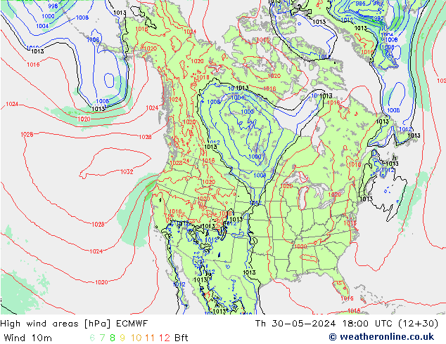 High wind areas ECMWF Th 30.05.2024 18 UTC