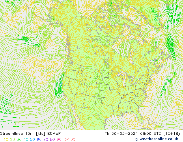 Streamlines 10m ECMWF Čt 30.05.2024 06 UTC