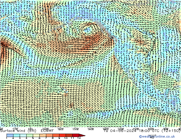 Surface wind (bft) ECMWF Tu 04.06.2024 18 UTC