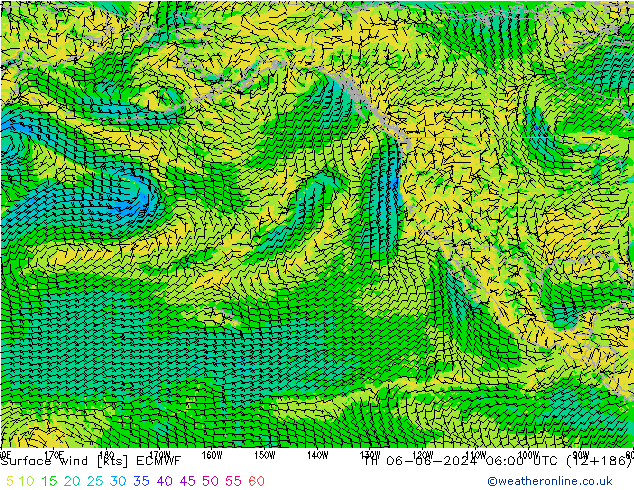 Surface wind ECMWF Čt 06.06.2024 06 UTC