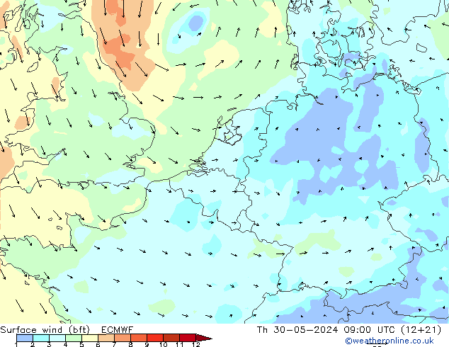 Surface wind (bft) ECMWF Čt 30.05.2024 09 UTC