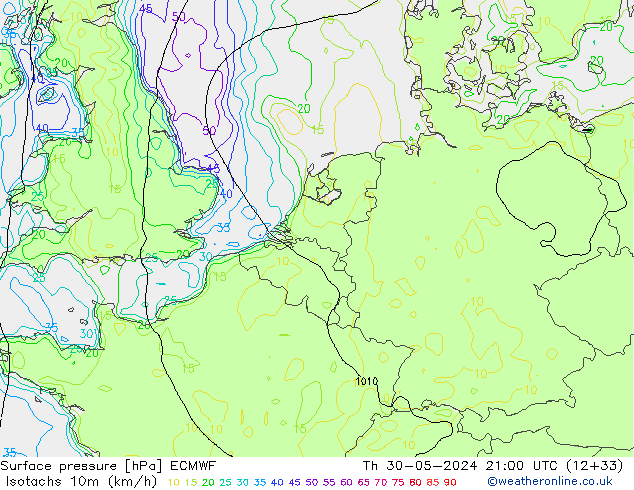 Isotachs (kph) ECMWF Th 30.05.2024 21 UTC