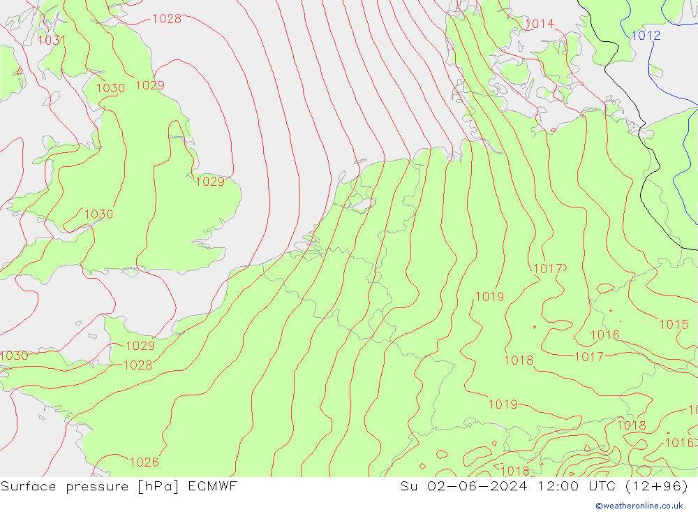 Atmosférický tlak ECMWF Ne 02.06.2024 12 UTC