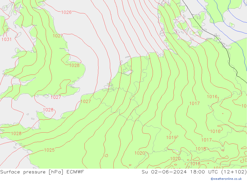 Atmosférický tlak ECMWF Ne 02.06.2024 18 UTC