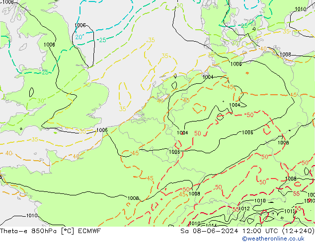 Theta-e 850hPa ECMWF 星期六 08.06.2024 12 UTC