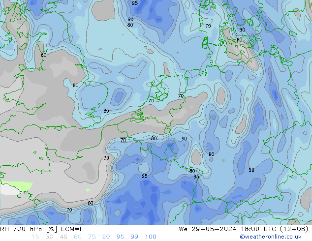 RH 700 hPa ECMWF We 29.05.2024 18 UTC