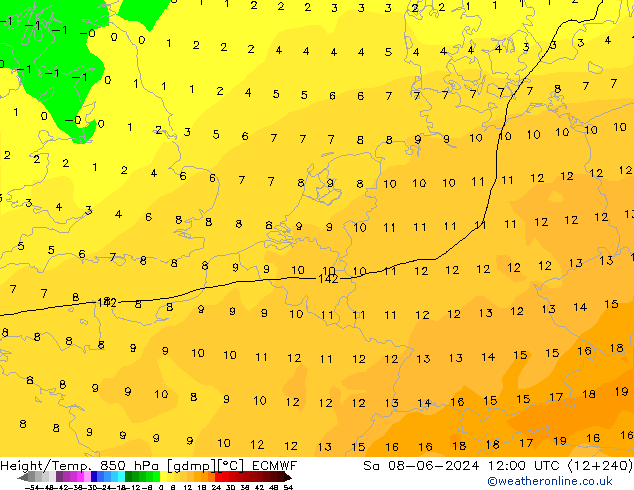 Géop./Temp. 850 hPa ECMWF sam 08.06.2024 12 UTC