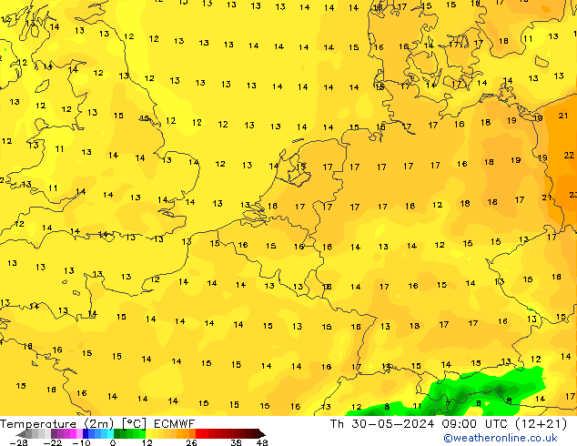 Temperature (2m) ECMWF Čt 30.05.2024 09 UTC