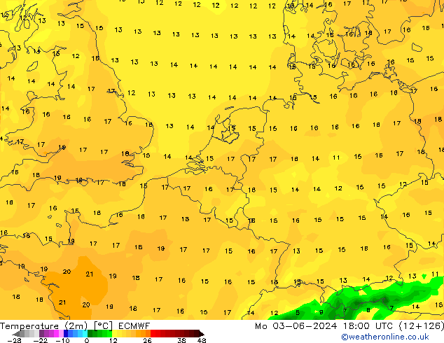 Temperatuurkaart (2m) ECMWF ma 03.06.2024 18 UTC