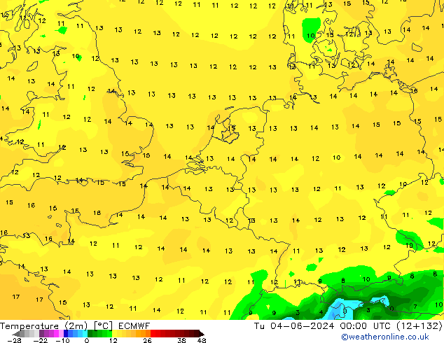 mapa temperatury (2m) ECMWF wto. 04.06.2024 00 UTC