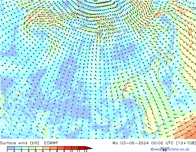 Surface wind (bft) ECMWF Po 03.06.2024 00 UTC
