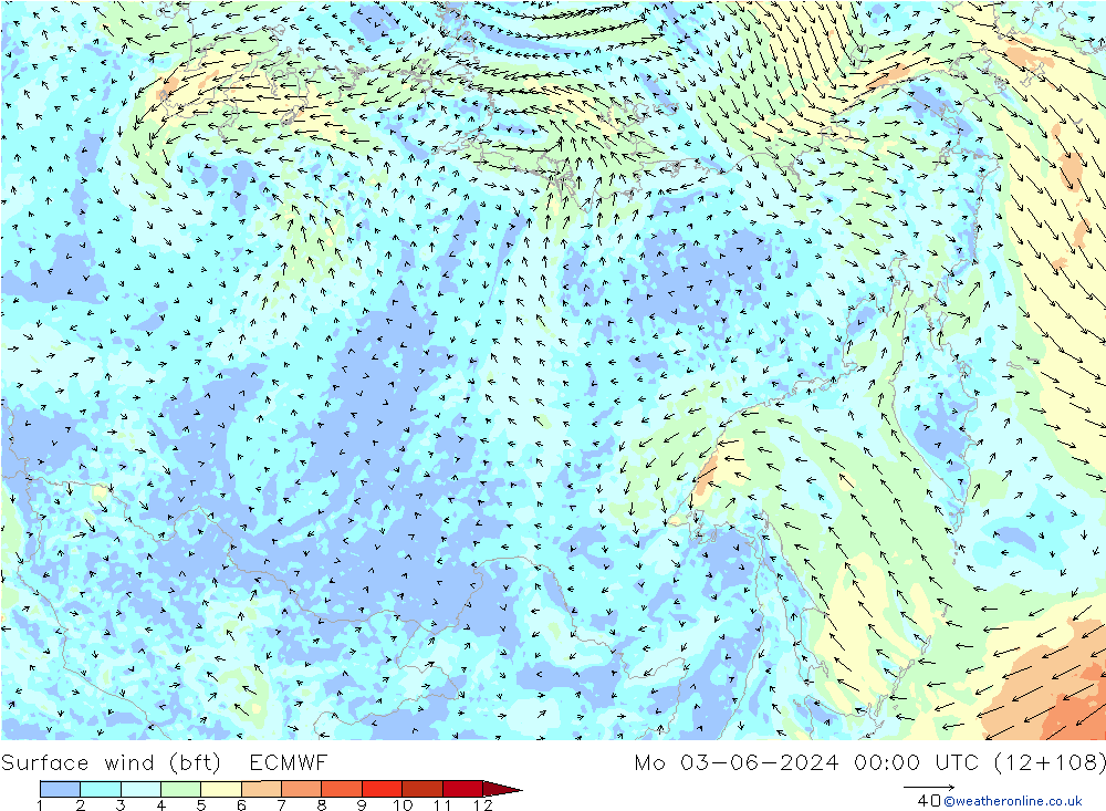 Surface wind (bft) ECMWF Po 03.06.2024 00 UTC