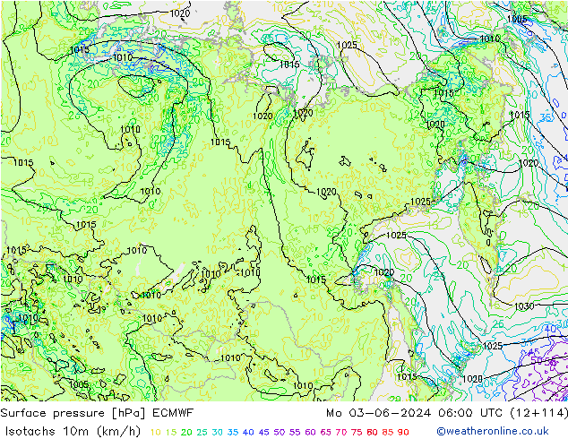 Isotachs (kph) ECMWF Po 03.06.2024 06 UTC