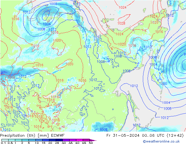 Totale neerslag (6h) ECMWF vr 31.05.2024 06 UTC