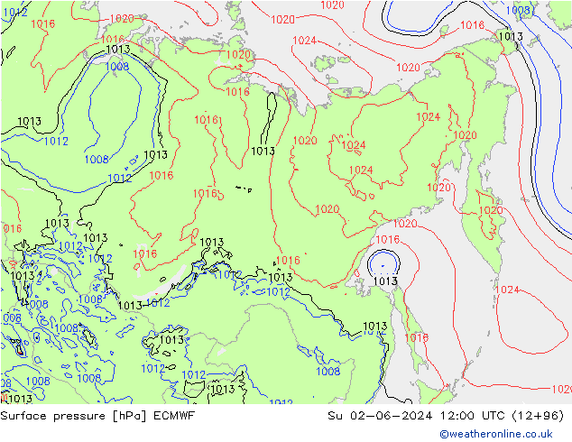 Presión superficial ECMWF dom 02.06.2024 12 UTC