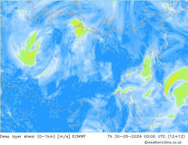 Deep layer shear (0-1km) ECMWF Th 30.05.2024 00 UTC